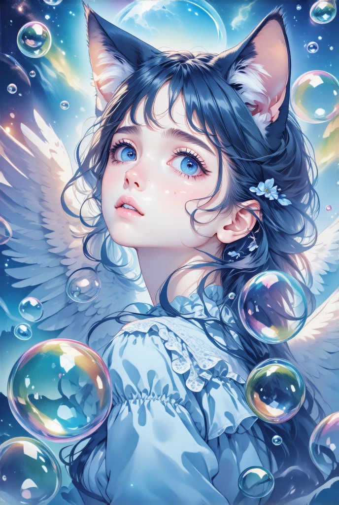 Super high resolution, angel, poet, cat ears, highlights, look up, colorful bubbles, Monet style, broken dreams, long hair, gothic style, lolita style, Magazine cover,line drawing