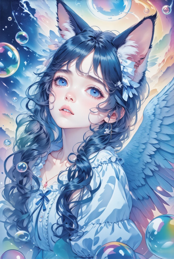 Super high resolution, angel, poet, cat ears, highlights, look up, colorful bubbles, Monet style, broken dreams, long hair, gothic style, lolita style, Magazine cover,line drawing