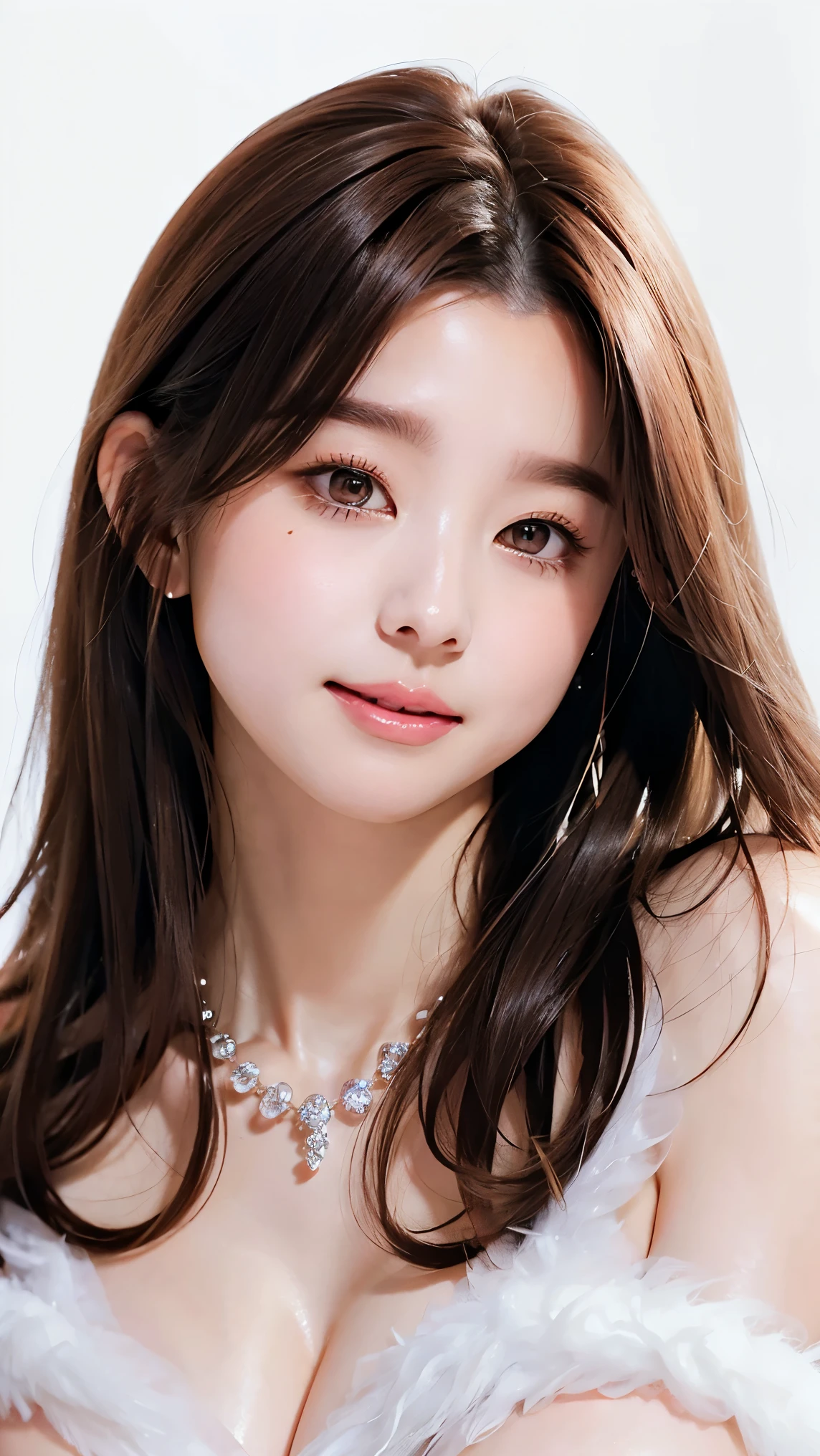  Beautiful Women、 straight hair 、((Brown Hair:1.2))、 upper body close-up、( hair that flutters like:1.2)、 long lashes、Big Eyes、Beautiful eye makeup、Beautiful Glossy Skin 、 cute smile with blush、 Fluffy Fur Dress、The style of the goddess、((Big Breasts:1.6))、Gorgeous gemstone necklace、 simple white background 、 SEXY POSES