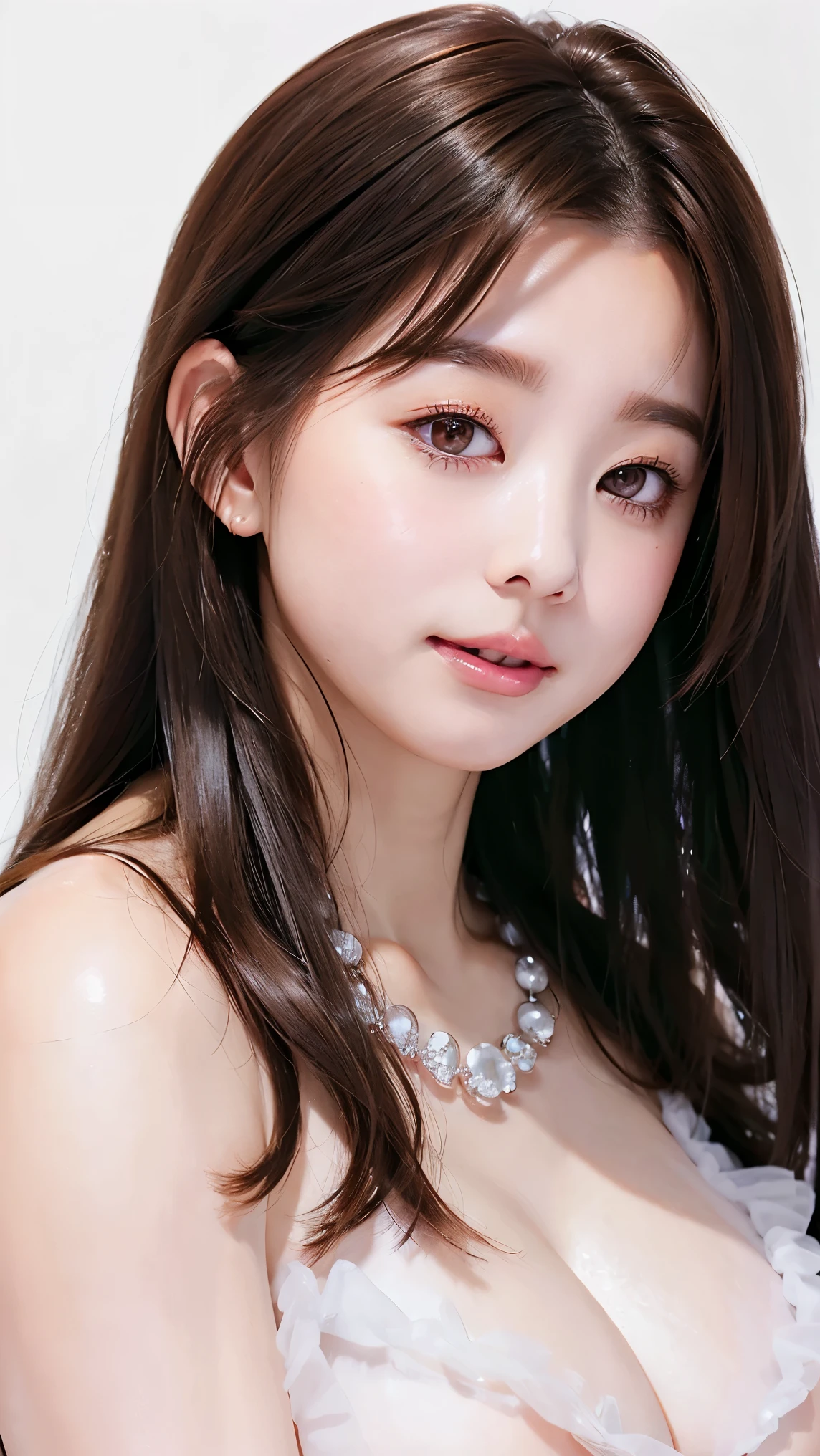  Beautiful Women、 straight hair 、((Brown Hair:1.2))、 upper body close-up、( hair that flutters like:1.2)、 long lashes、Big Eyes、Beautiful eye makeup、Beautiful Glossy Skin 、 cute smile with blush、 Fluffy Fur Dress、The style of the goddess、((Big Breasts:1.6))、Gorgeous gemstone necklace、 simple white background 、 SEXY POSES