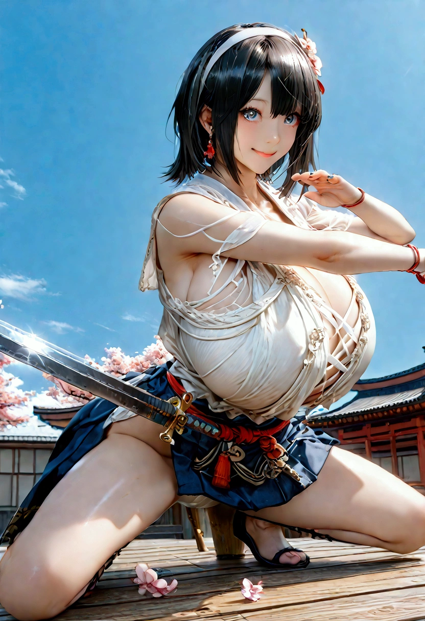 (((1 Japanese female))),(((Old Japanese Female Warrior )))、(((Female warlord)))、(((Warrior Princess)))、(((War Goddess)))、(((((古い日本の鎧)))))、(((((Clothing)))))、((( black hair)))、((( Short Hair )))、(((White headband)))、((( waving Japanese swords ))),(((Squat)))、(((smile)))、((( look up )))、(((Frowning)))、(((Sharp Eyes)))、((( painful expression)))、(((blue sky)))、(((cherry blossoms)))、((( Japan's Warring States Period)))、「 best quality、masterpiece、  illustration without a face 、 very delicate and beautiful、 very detailed、CG、8k wallpaper、 amazing、 details、masterpiece、最高の究極の芸術 very detailed CG Unity 8k wallpaper」, (((Gigantic Huge Breast)))、(Dynamic picture )、