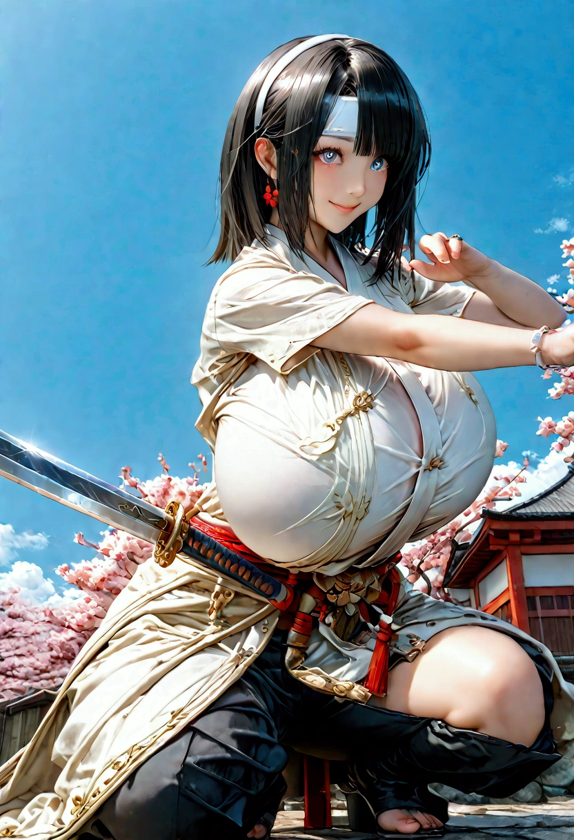 (((1 Japanese female))),(((Old Japanese Female Warrior )))、(((Female warlord)))、(((Warrior Princess)))、(((War Goddess)))、(((((古い日本の鎧)))))、(((((Clothing)))))、((( black hair)))、((( Short Hair )))、(((White headband)))、((( waving Japanese swords ))),(((Squat)))、(((smile)))、((( look up )))、(((Frowning)))、(((Sharp Eyes)))、((( painful expression)))、(((blue sky)))、(((cherry blossoms)))、((( Japan's Warring States Period)))、「 best quality、masterpiece、  illustration without a face 、 very delicate and beautiful、 very detailed、CG、8k wallpaper、 amazing、 details、masterpiece、最高の究極の芸術 very detailed CG Unity 8k wallpaper」, (((Gigantic Huge Breast)))、(Dynamic picture )、