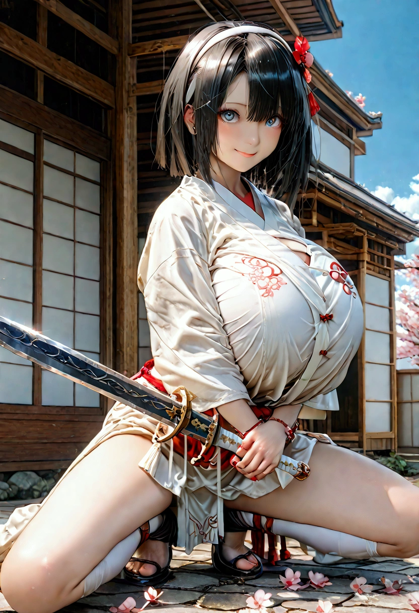 (((1 Japanese female))),(((Old Japanese Female Warrior )))、(((Female warlord)))、(((Warrior Princess)))、(((War Goddess)))、(((((古い日本の鎧)))))、(((((Clothing)))))、((( black hair)))、((( Short Hair )))、(((White headband)))、((( waving Japanese swords ))),(((Squat)))、(((smile)))、((( look up )))、(((Frowning)))、(((Sharp Eyes)))、((( painful expression)))、(((blue sky)))、(((cherry blossoms)))、((( Japan's Warring States Period)))、「 best quality、masterpiece、  illustration without a face 、 very delicate and beautiful、 very detailed、CG、8k wallpaper、 amazing、 details、masterpiece、最高の究極の芸術 very detailed CG Unity 8k wallpaper」, (((Gigantic Huge Breast)))、(Dynamic picture )、