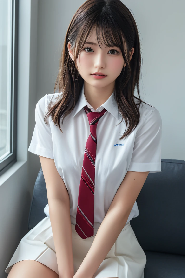 (masterpiece:1.3)、Very fine finish、(High resolution、8k:1.3)、highest quality、Beautiful Hands、Beautiful Hands指、(Ultra-realistic as a photo:1.3), Ultra High Resolution Face、The face is in focus、Ultra high definition and beautiful eyes、(Concentrated eyes:1.3)、(Eyes are symmetrical:1.3)、High quality and beautiful skin、Firm Skin、Natural Makeup、Gloss lips, Ultra HD Hair Texture、Japanese women、high school girl、、(High School Uniform:1.3), very cute, Very short hair:1.2, (Sitting:1.3), Mid-chest, (Flip up the skirt、Small panties are visible from the skirt:1.1), Pink wall、 (Very embarrassed:1.3), (blush:1.3), (View Viewer:1.2)