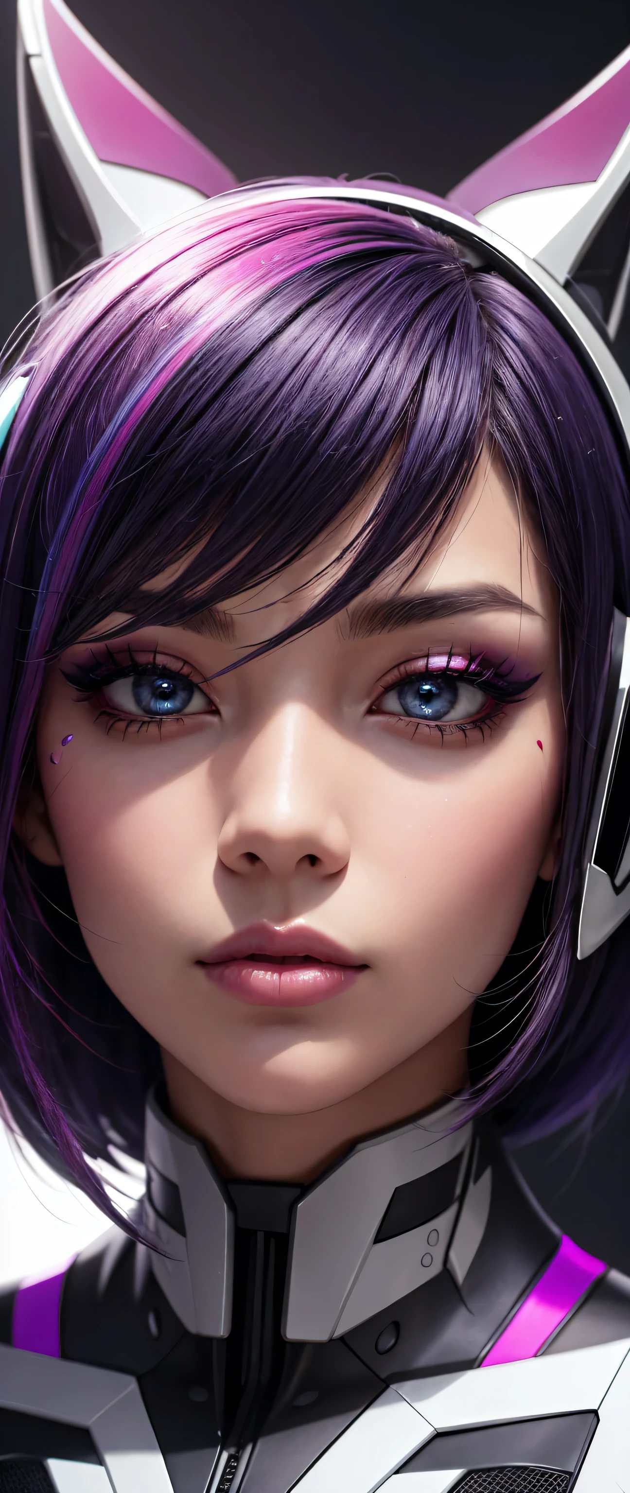 80’s glam rock makeup on shiny android face, anime, 2.5D, Glittery face, moody lighting, (purples, pinks, and blues), iridescent face, abstract ai model with elf ears, pretty, sexy, minimal, sleek, slender, asian, elegant, chic, futuristic, retro, sophisticated half human half machine, close up face portrait,