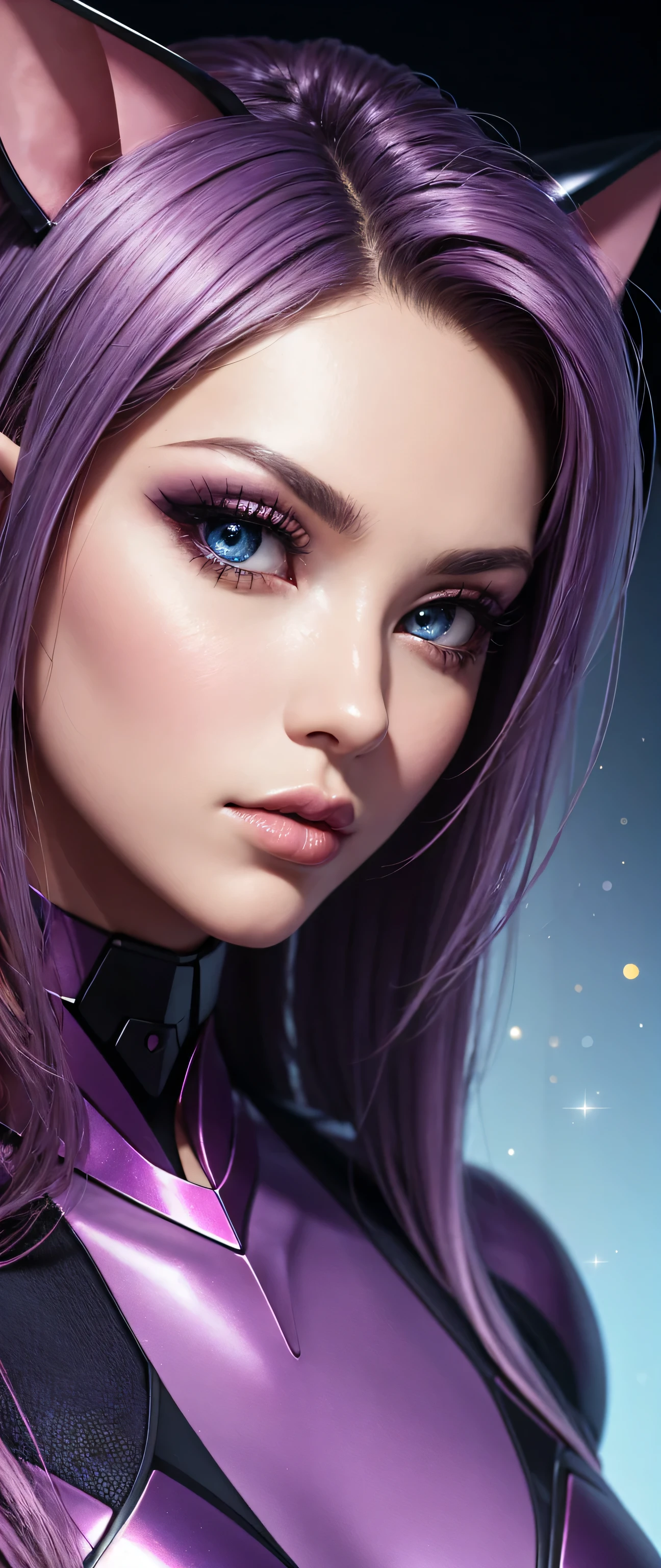 80’s glam rock makeup on shiny android face, anime, 2.5D, Glittery face, moody lighting, (purples, pinks, and blues), iridescent face, abstract ai model with elf ears, pretty, sexy, minimal, sleek, slender, asian, elegant, chic, futuristic, retro, sophisticated half human half machine, close up face portrait,