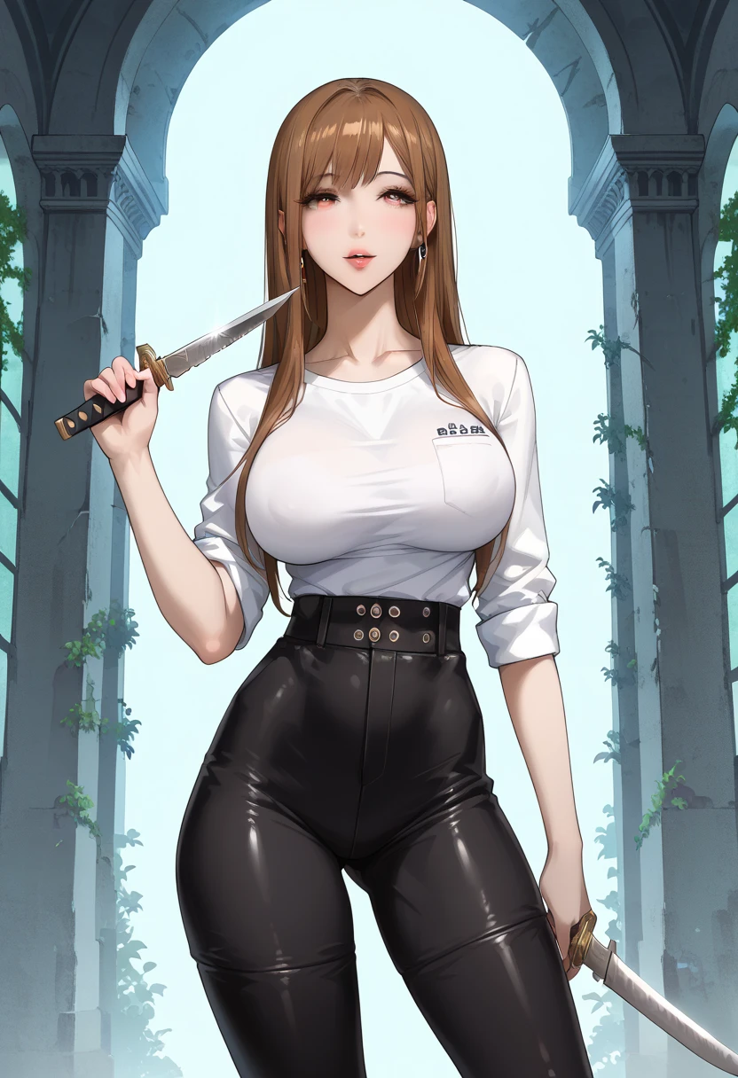  Ruined City 、ruins、bare hands、bare hands、masterpiece, best quality, BEAUTIFUL AND DETAILED EYES ,  beautiful detailed lips,  very detailed eyes and faces,  1 female,Big saggy breasts,  Big Breasts ,  Big Breasts ,  Thin Waist,  stylish body, wicked laugh、 Japanese Knife 、White、 shirt 、 hot pants、 black long boots 