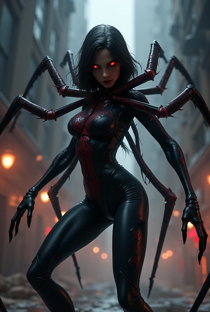 Best quality, one person, ((masterpiece)), 8k, raw, ((a hot chick young beautyful big tits girl)), ((detailed face)), (there is a dark cyber city in the background), (good anatomy), detailed eyes, detailed face, (((black latex with Garter Belts Sexy ))), (((good anatomy))), (big tits), (PUSH UP TITS), (((WEARING A black VENOM spiderman mask))), (tits on focus), ((full body)), ((wearing high heels)), ((venom outfit)), (((venom))), black spiderman venom, venom absortion, (catwoman), batman, superhero girl, (((horror style))), (((blood flows on the ground))), wearing a black hood, it is photographed from below
