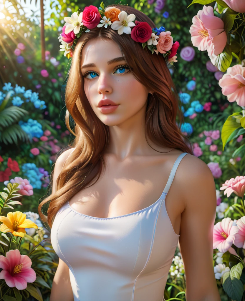 angievarona, A beautiful woman with long brown hair, stunning blue eyes, full lips, and flawless skin, wearing a white sundress with a flower crown, standing in a lush garden with blooming flowers, golden hour lighting, highly detailed, photorealistic, extremely detailed face and eyes, cinematic lighting, vibrant colors, 8k, best quality