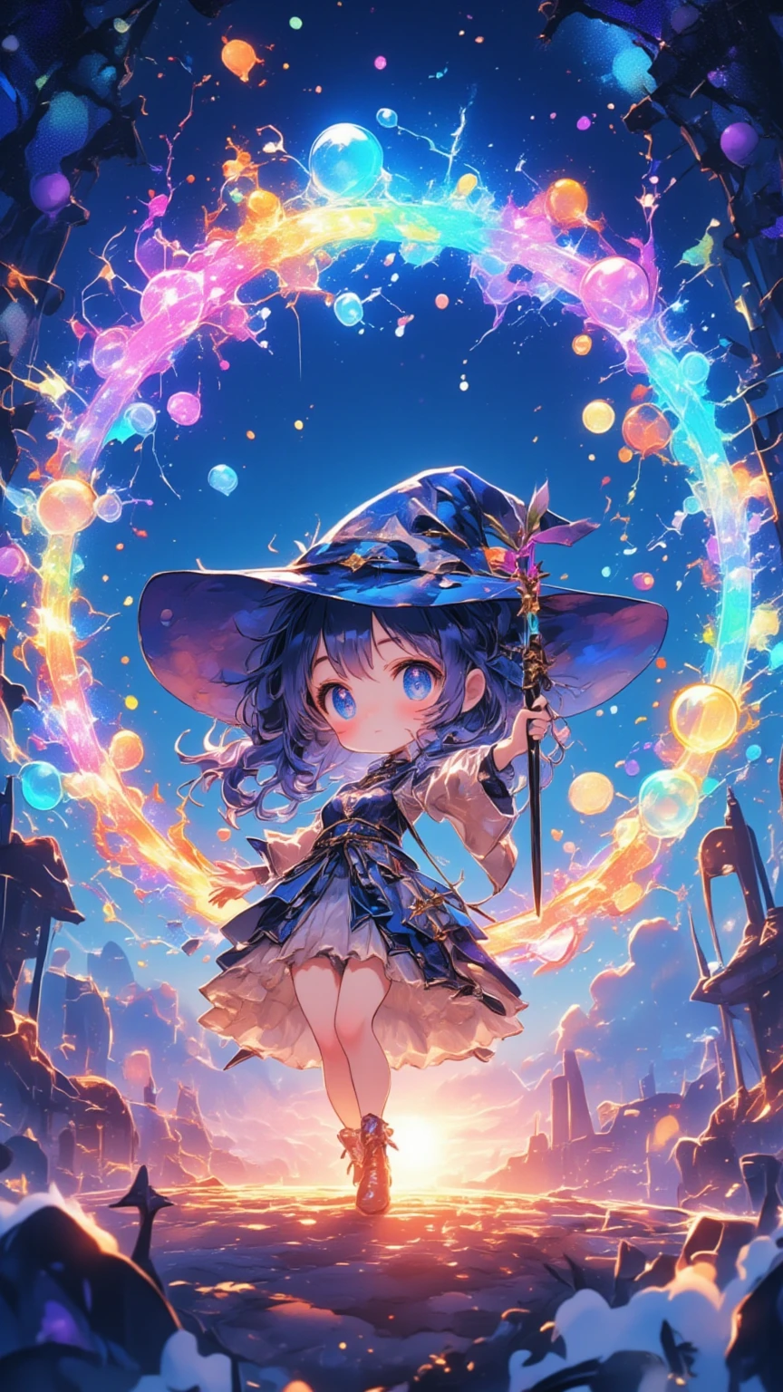 (Masterpiece, high quality, 4K, 8K, detail), cute wizard girl (chibi character), magic bubbles (bubbles of various sizes glowing in rainbow colors) emanating from a magic wand held by the girl (chibi character). are lit, magic bubbles surrounding the girl in spirals, ancient magic circle shining in the sky, bubbles with overwhelming force, fantasy style, integrated CG wallpaper,