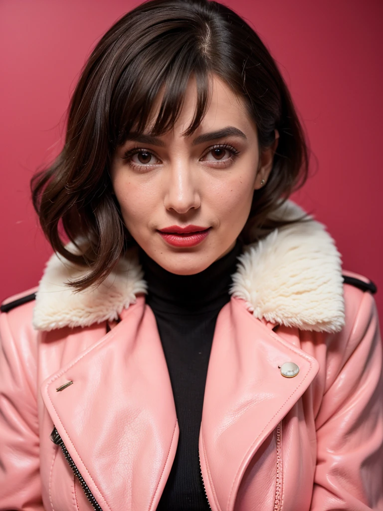  Photorealistic portrait, Armenian woman with cascading brown hair with bangs, half-body capture, genuine smile showcases warmth and cheerfulness, skin aglow with sensitivity, face delicately touched by soft make-up and radiant red lipstick, attired in neon pink leather jacket complementing her silhouette, paired with sleek skinny trousers and classic riding boots, accented by a tender scarf.