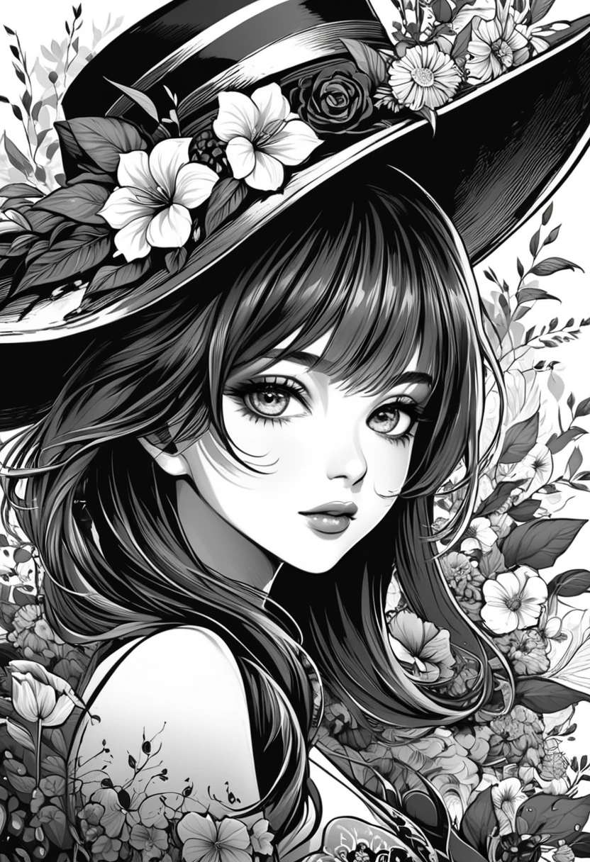 a close up of a woman with a hat and flowers, black and white coloring, sketch black and white colors, drawn with photoshop, stylized portrait h 0, stylized portrait h 704, stylized portrait h 1280, in style of digital illustration, black and white vector art, detailed digital drawing, great digital art with details