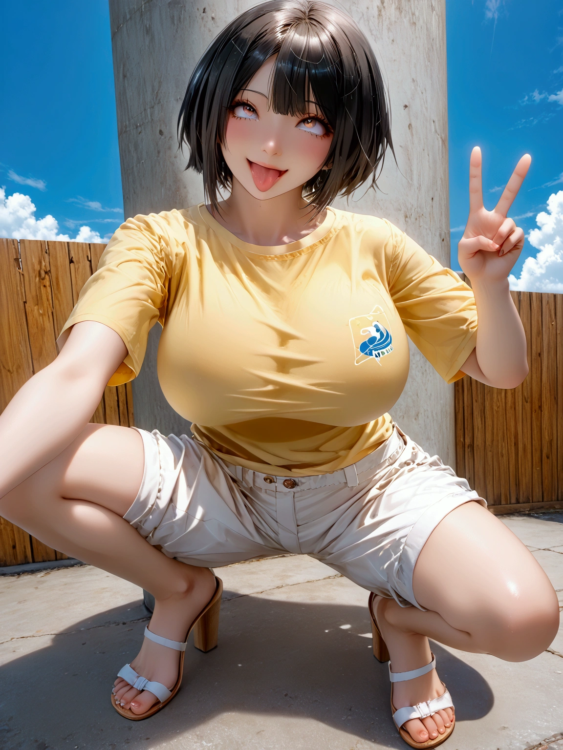 ((( Japanese woman with a viewing angle of)))、((( black hair)))、((((( Short Hair )))))、((( yellow shirt)))、((( white shorts ))),(((smile)))、(((Squat)))、(((V sign)))(((White of the eyes)))、(((roll one's eyes back))),(((ahegao)))、((( look up )))、(((Frowning)))、(((Sharp Eyes)))、((( painful expression)))、(((blue sky)))、(((Turf)))「 best quality、masterpiece、  illustration without a face 、 very delicate and beautiful、 very detailed、CG、8k wallpaper、 amazing、 details、masterpiece、最高の究極の芸術 very detailed CG Unity 8k wallpaper」、Gigantic Breast