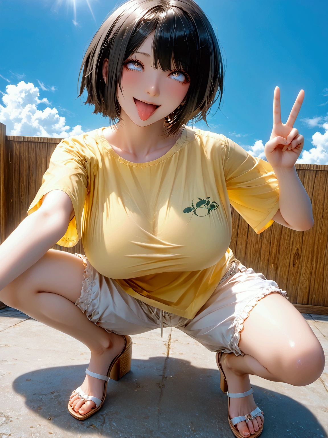 ((( Japanese woman with a viewing angle of)))、((( black hair)))、((((( Short Hair )))))、((( yellow shirt)))、((( white shorts ))),(((smile)))、(((Squat)))、(((V sign)))(((White of the eyes)))、(((roll one's eyes back))),(((ahegao)))、((( look up )))、(((Frowning)))、(((Sharp Eyes)))、((( painful expression)))、(((blue sky)))、(((Turf)))「 best quality、masterpiece、  illustration without a face 、 very delicate and beautiful、 very detailed、CG、8k wallpaper、 amazing、 details、masterpiece、最高の究極の芸術 very detailed CG Unity 8k wallpaper」、Gigantic Breast