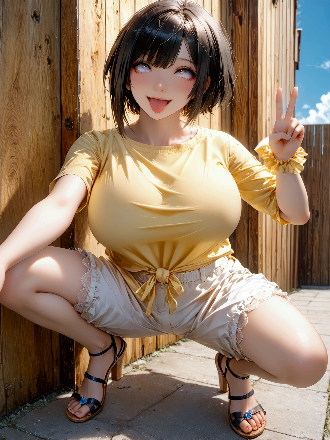 ((( Japanese woman with a viewing angle of)))、((( black hair)))、((((( Short Hair )))))、((( yellow shirt)))、((( white shorts ))),(((smile)))、(((Squat)))、(((V sign)))(((White of the eyes)))、(((roll one's eyes back))),(((ahegao)))、((( look up )))、(((Frowning)))、(((Sharp Eyes)))、((( painful expression)))、(((blue sky)))、(((Turf)))「 best quality、masterpiece、  illustration without a face 、 very delicate and beautiful、 very detailed、CG、8k wallpaper、 amazing、 details、masterpiece、最高の究極の芸術 very detailed CG Unity 8k wallpaper」、Gigantic Breast