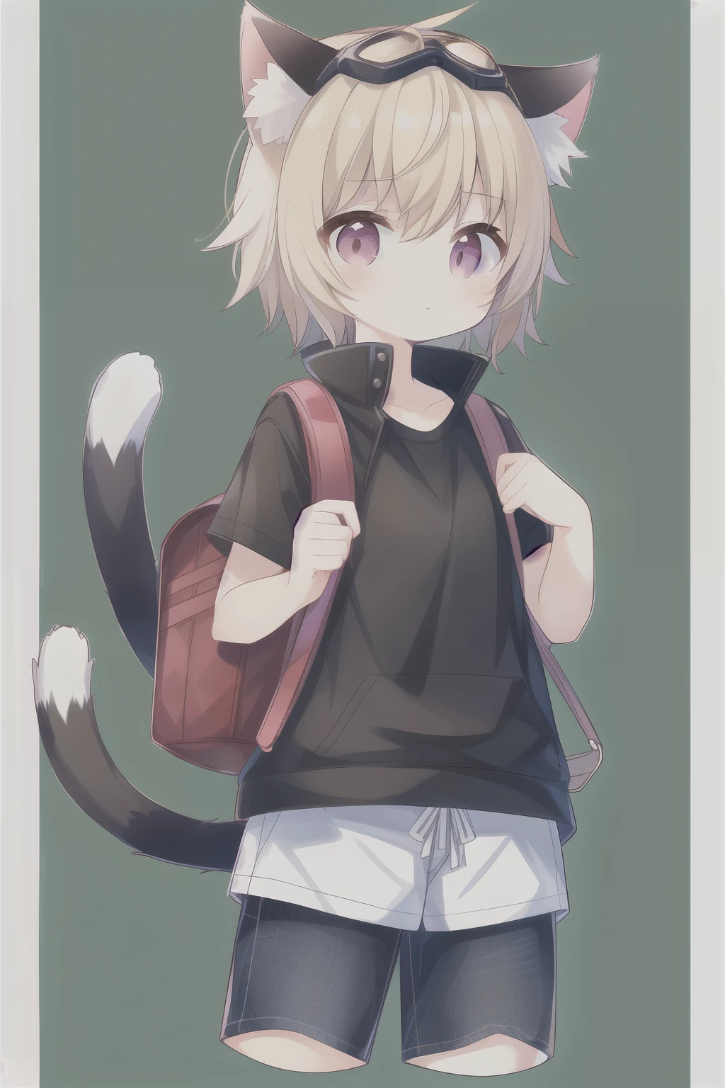 A ，是个Cat，Cat ears，紫色Cat ears， blond hair ， Pink Eyes ， and is very comfortable to wear all over the body， has a purple cat tail ， in jeans ，Dark green goggles ，Very adventurous ，Short hair，是个cute的小男孩，Be able to see the whole body，nice，cute，Cat，Standing facing ，There is a sexy set of small black fanny packs，Carrying a small black school bag ， cross short-sleeved jacket white，Black shorts 