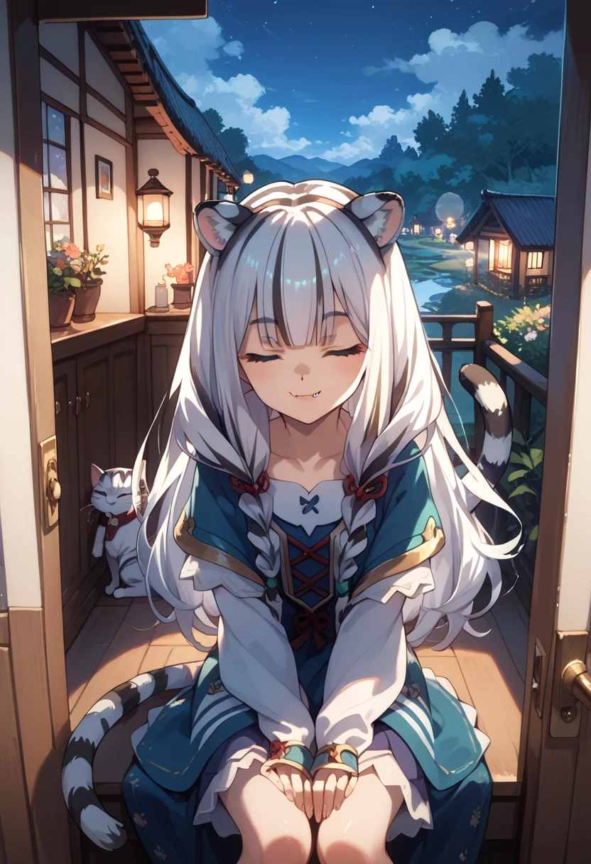 ((masterpiece)), anime style, 1girl, solo, long hair, white tiger ears, white tiger tail, closed eyes, night scenery, sitting like cat, sitting in doorway, viewer POV, cat smile, hall scenery, night lighting, cute canine fangs