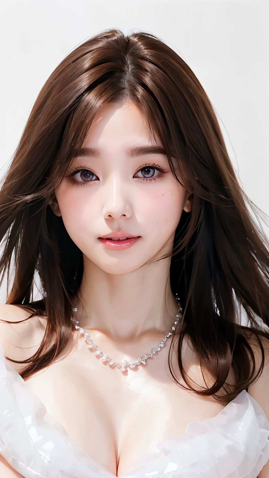  Beautiful Women、 straight hair 、((Brown Hair:1.2))、 upper body close-up、( hair that flutters like:1.2)、 long lashes、Big Eyes、Beautiful eye makeup、Beautiful Glossy Skin 、 cute smile with blush、 Fluffy Fur Dress、Goddess Style 、((Big Breasts:1.6))、Gorgeous gemstone necklace、 simple white background 、 SEXY POSES