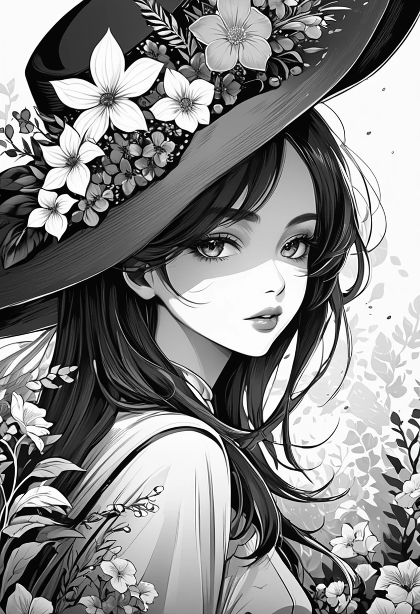 a close up of a woman with a hat and flowers, black and white coloring, sketch black and white colors, drawn with photoshop, stylized portrait h 0, stylized portrait h 704, stylized portrait h 1280, in style of digital illustration, black and white vector art, detailed digital drawing, great digital art with details