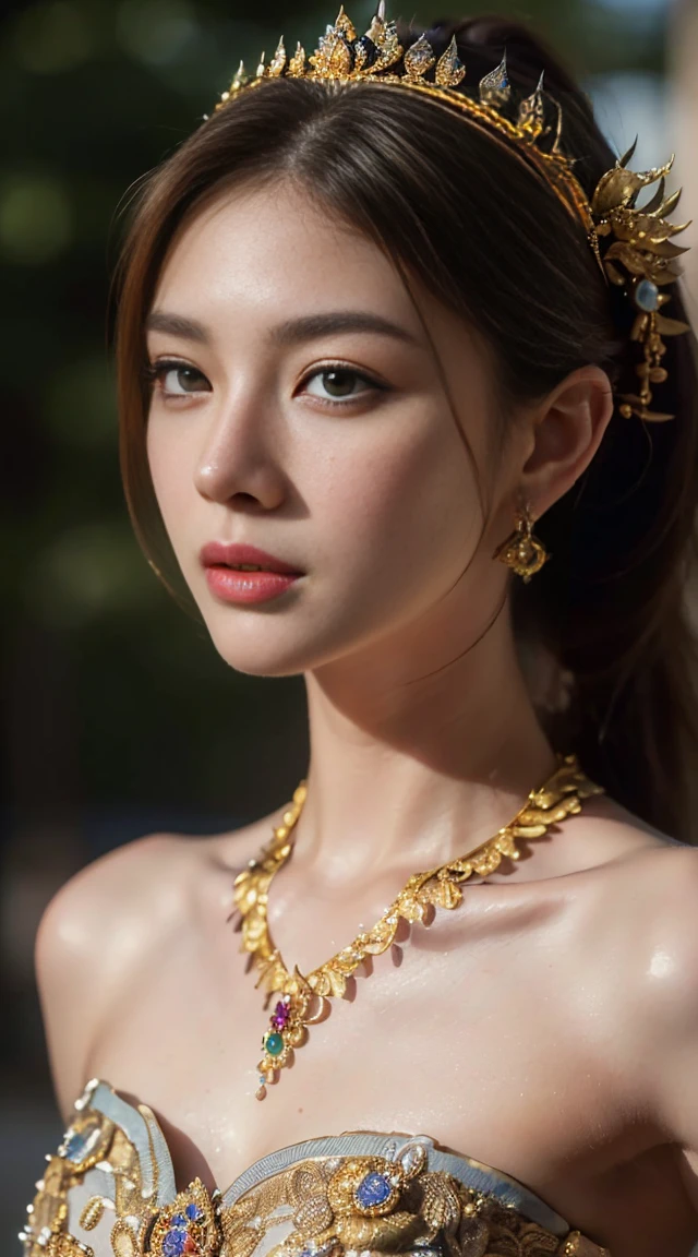 ((dynamic pose,half body shot:1.4))(Photorealistic:1.5),((Detailed beautiful face, detailed beautiful wide eyes, 8K olive green pupil:1.3)),((masterpiece,ultra high quality, ultra high resolution:1.2)),((realistic skin, very detailed details:1.2)),(unity 16K wallpaper:1.1),(HD quality,HDR),((The style of a surrealist painter, a masterpiece of ultra-realistic portraits, an epic work of a photography expert)),((nikon d750 f/1.4 55mm)),((dynamic angle,professional lighting, physically-based rendering)),((Bright colors)),
(Beautiful and Realistic thai girl),(Sexy and attractive face, perfectly proportioned body),((small breasts)),((light brown hair,long wavy hair,front ponytail)),((Venus of the East)),
((Thai princess:1.3)),(Gorgeous thai costumes with intricate details,Gorgeous dress,Gorgeous gold ornaments, intricate details,ornate jewelry accessories,Gorgeous fringe, intricate details,Various gemstones:1.2),((thai buddhist temple))