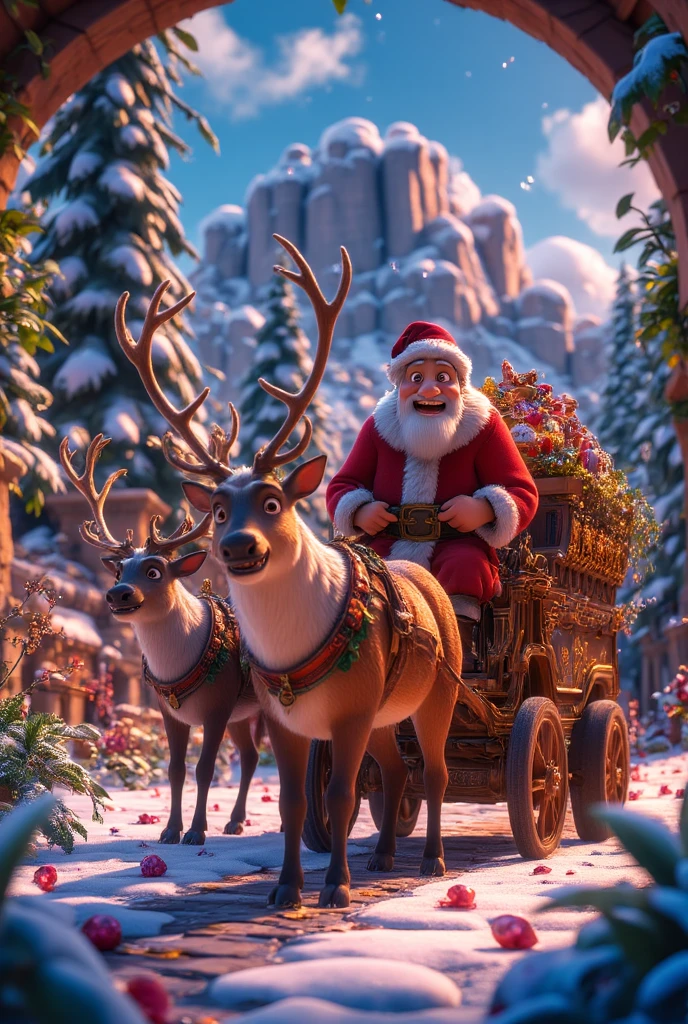 Santa clous with his deer cart,large bag full with presents,in among rens 2d illustration highly detailed quality