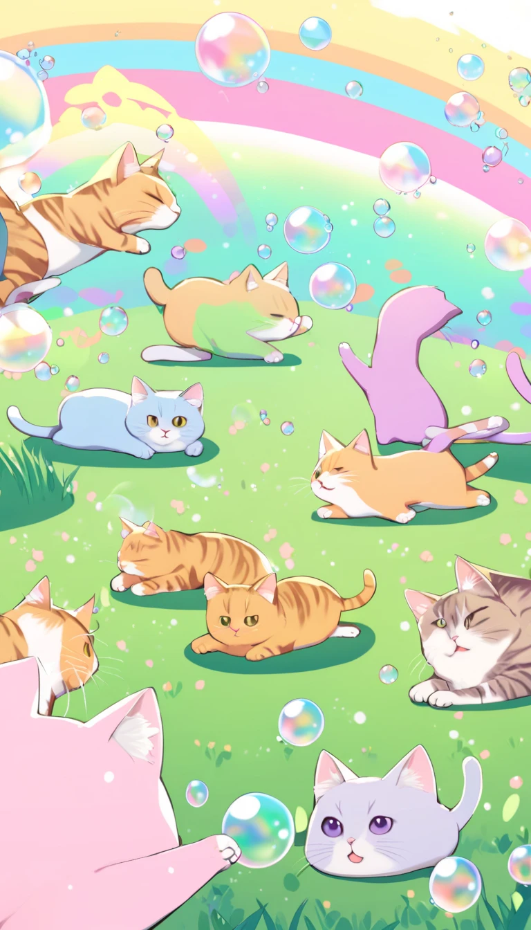 Magical bubbles, Sparkling Bubbles ,  Colorful Bubbles, Cats are annoying, Cat punch, Grass garden, 