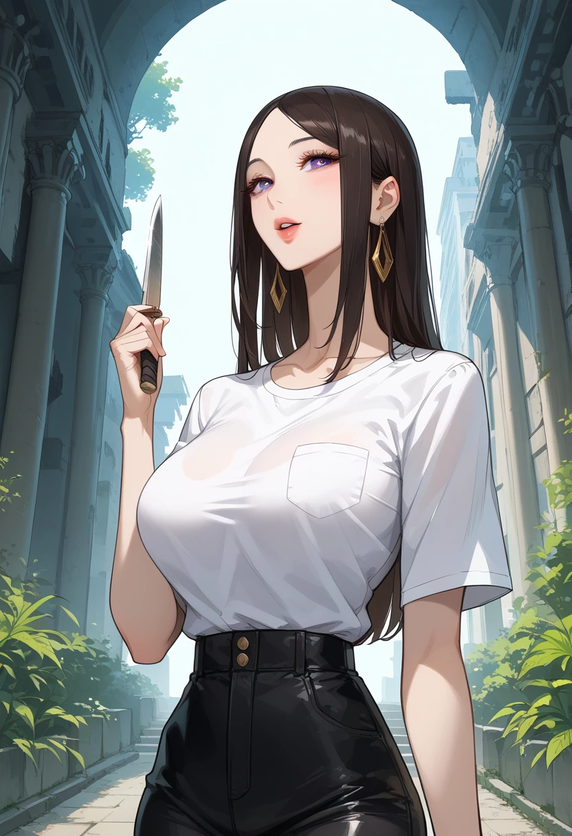  Ruined City 、ruins、bare hands、bare hands、masterpiece, best quality, BEAUTIFUL AND DETAILED EYES ,  beautiful detailed lips,  very detailed eyes and faces,  1 female,Big saggy breasts,  Big Breasts ,  Big Breasts ,  Thin Waist,  stylish body, wicked laugh、 Japanese Knife 、White、 shirt 、 hot pants、 black long boots 