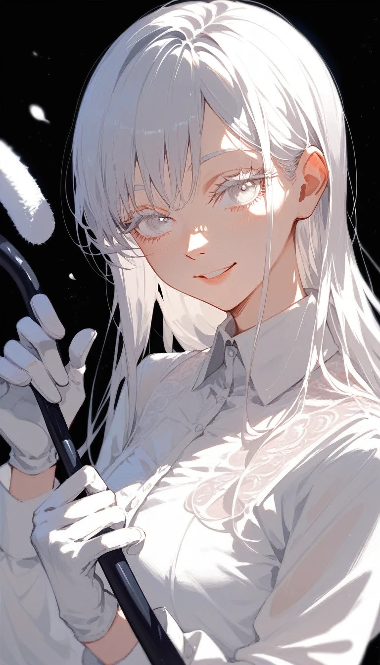  ,White hair, Beautiful long hair  ,  in white eyes ,White eyelashes , long sleeved white silk shirt, Wear white gloves,  Medium Bust,smile,cute, black background, chainsaw art,Holding a white cane 