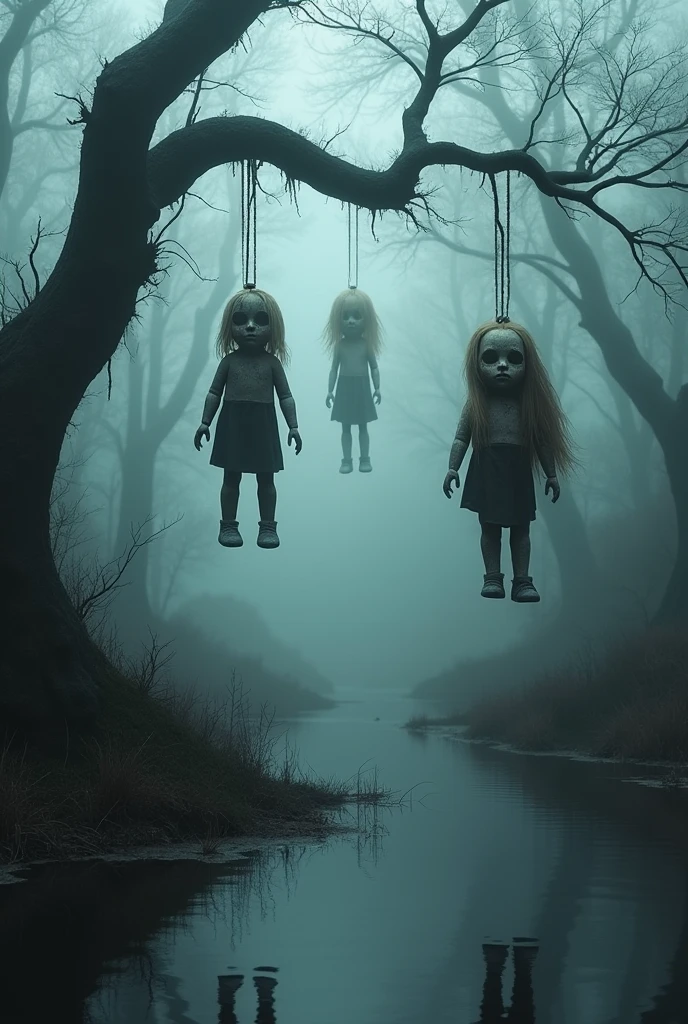 Dark and mysterious images of the Island of the Dolls, with dolls hanging from trees and others damaged.