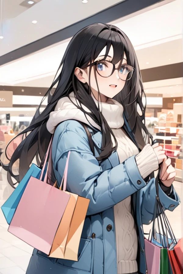 Black hair, long hair, glasses, winter clothes, shopping, shopping mall