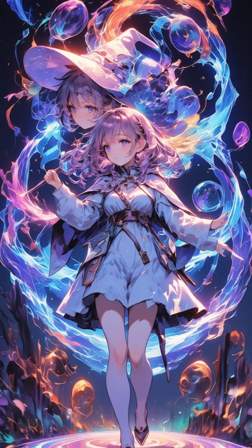 (Masterpiece, high quality, 4K, 8K, details), cute wizard girl (wizard hat, cape), magic bubbles (bubbles of various sizes glowing in rainbow colors) coming from a magic wand held by a are lit, magic bubbles surrounding the girl in spirals, ancient magic circle shining in the sky, bubbles with overwhelming force, fantasy style, integrated CG wallpaper,