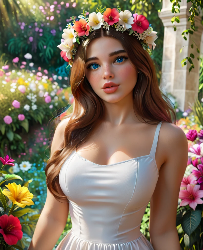 angievarona, A beautiful woman with long brown hair, stunning blue eyes, full lips, and flawless skin, wearing a white sundress with a flower crown, standing in a lush garden with blooming flowers, golden hour lighting, highly detailed, photorealistic, extremely detailed face and eyes, cinematic lighting, vibrant colors, 8k, best quality