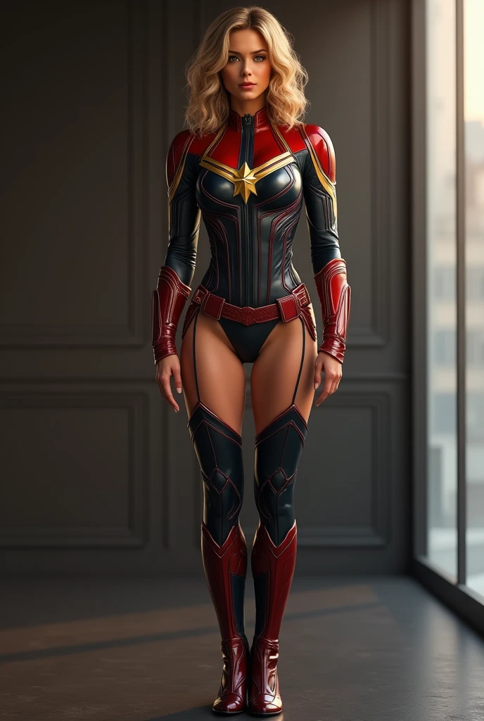 4k highly detailed realistic female superhero from marvel comics, blonde short undercut bob hairstyle, ((sharp Jawline)), (full body Including Legs), Seduction and fantastic poses