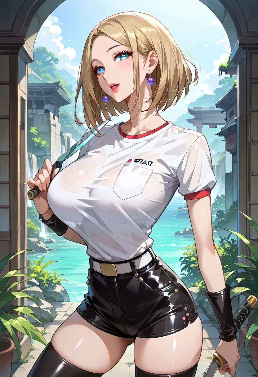  Ruined City 、ruins、bare hands、bare hands、masterpiece, best quality, BEAUTIFUL AND DETAILED EYES ,  beautiful detailed lips,  very detailed eyes and faces,  1 female,Big saggy breasts,  Big Breasts ,  Big Breasts ,  Thin Waist,  stylish body, wicked laugh、 Japanese Knife 、White、 shirt 、Mini hot pants、 black long boots 