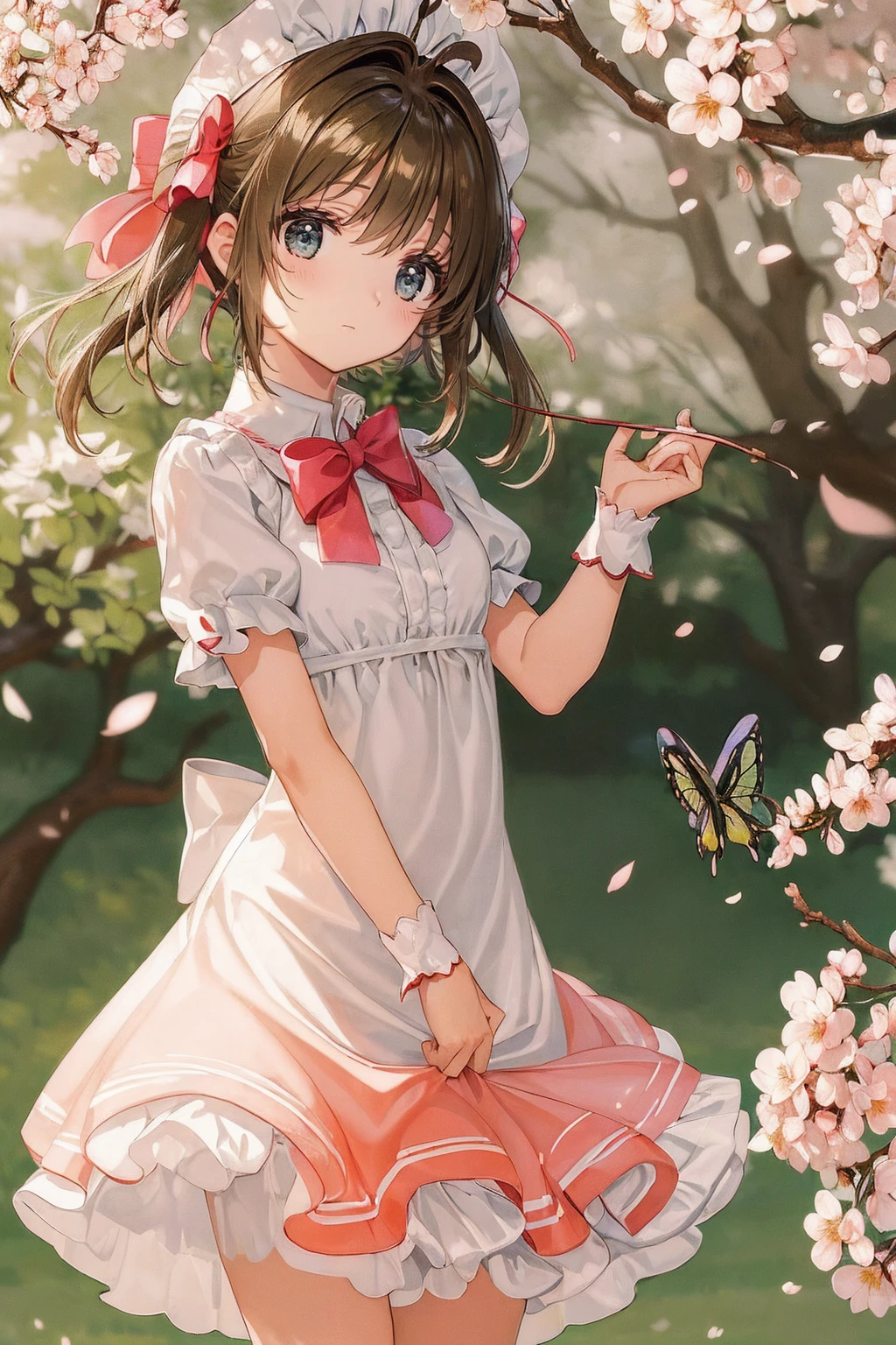 (photograph:1.3),  High Details ,  cardcaptor_cherry blossoms, shyly, shy, (Swallowtail ), (masterpiece,  best quality,   Details:1.3), 子供綿  underwear visible ,  underwear visible,、  I can see the translucent chemise  、  wearing 1860s clothes turning their skirt upside down  , Low Angle