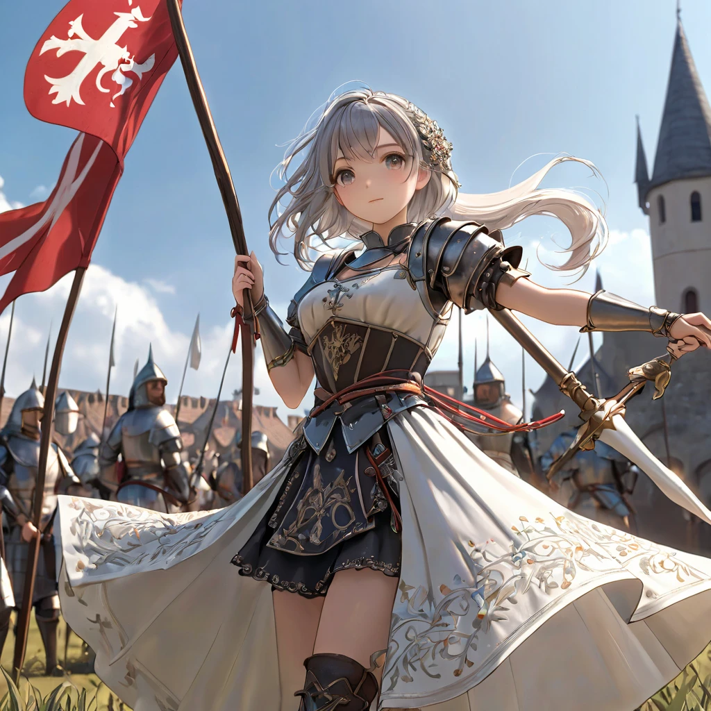 (   Highly Detailed CG Octane Rendering 8K Wallpaper ),    showing a beautiful girl dancing in the most beautiful works in the world  ,  A flag on a long spear ,  complicated,   high detail, ８  girl , Silver embroidery,  Medieval Long Cotton Dress （With panniers）, cotton cloth,   raise your skirt  , Strong winds, Transparent slip, Translucent Tights  , Peeking from below,  best quality, Confusion in clothes,   lies down, underwear,   Let's Show Off Her Thighs , knight , Skirt lining, Bloomers、Leather Armor、 with a flag attached to a long spear 
