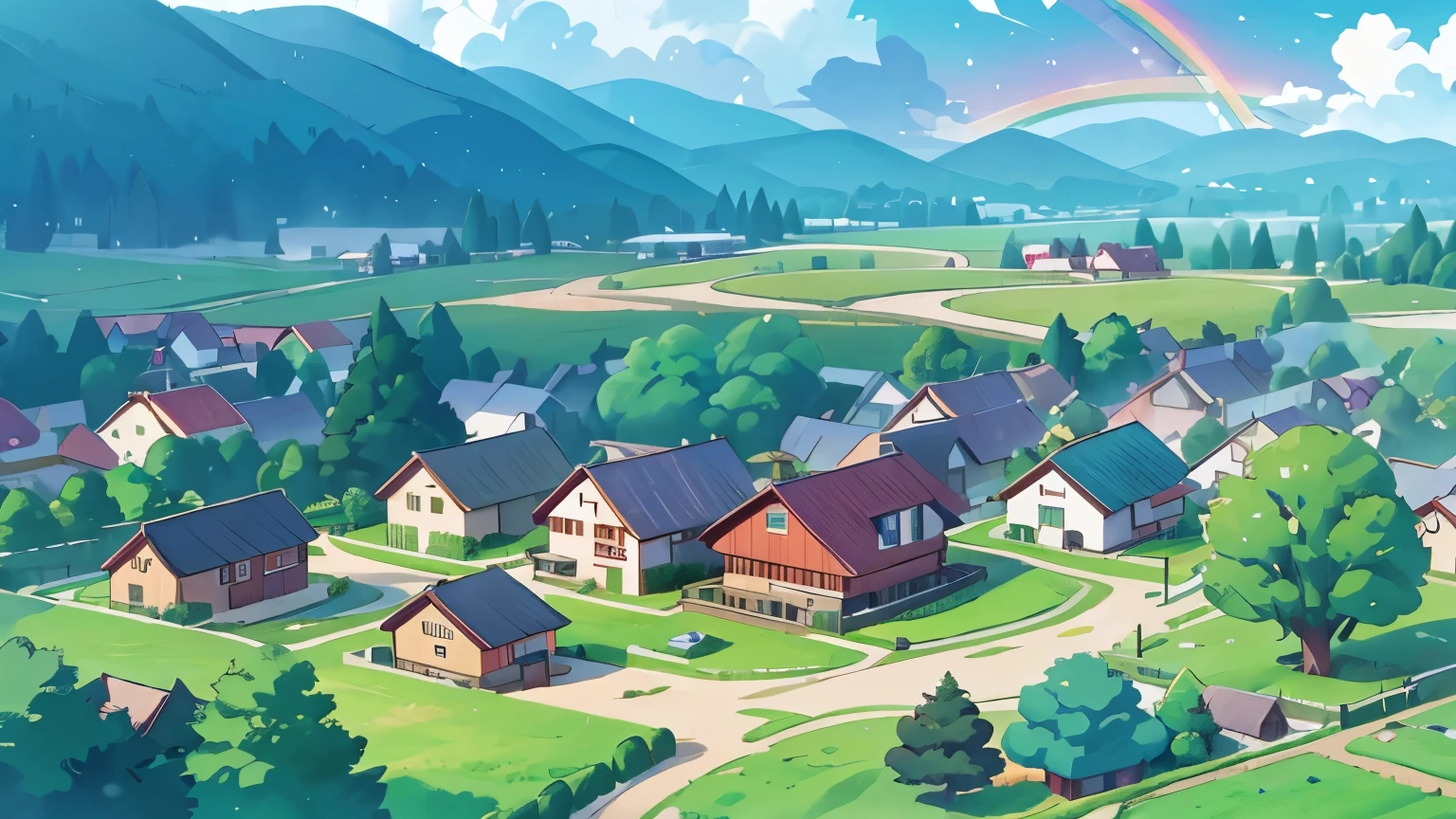 Aerial view of a rural town。Houses and trees 々、Mountain view。Pretty rainbow 、cloud