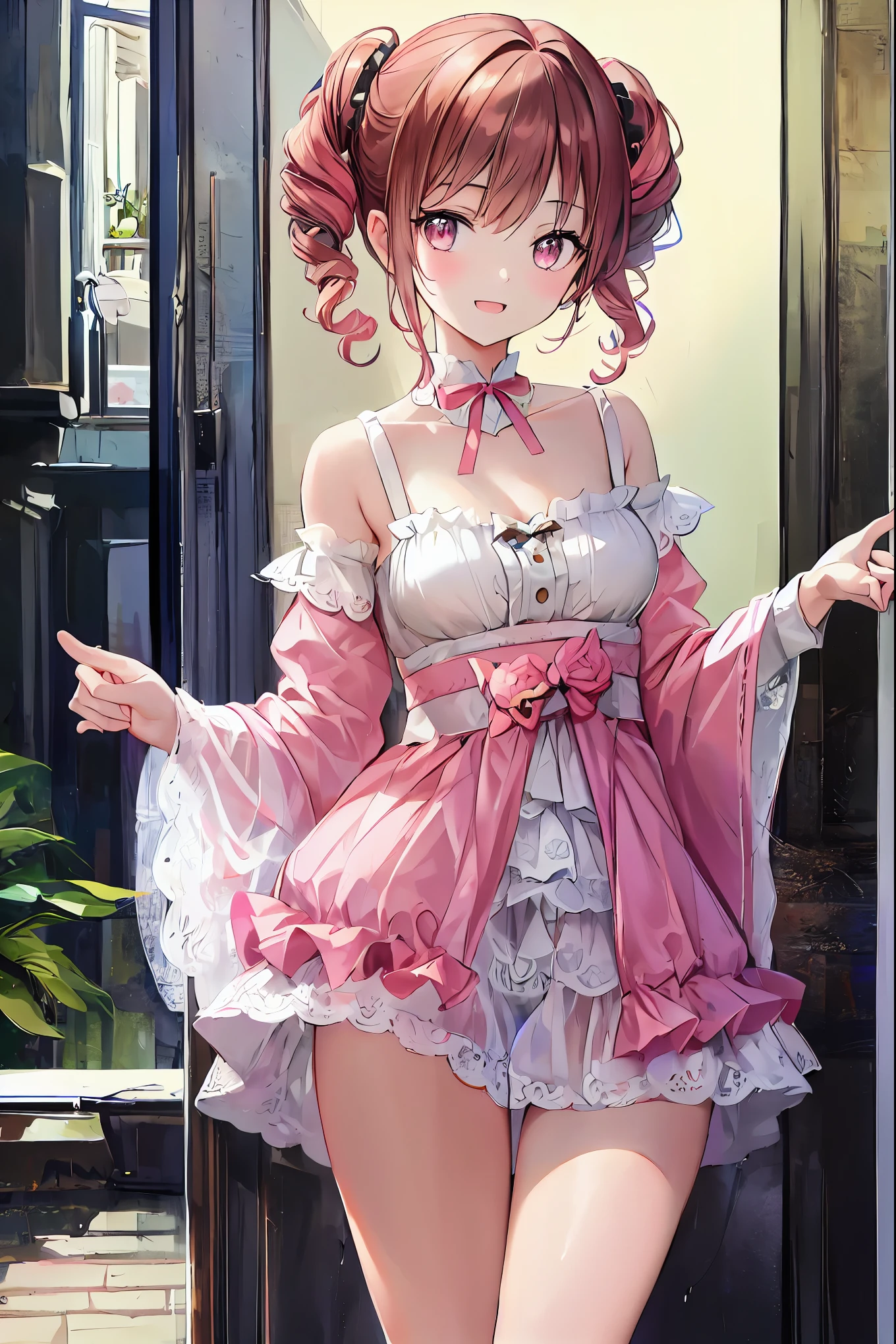 masterpiece, High Quality ,16k,8k,beautiful,Get used to it, exquisite,extremely Get used to it, brown hair, short cut , slender beauty,finely Get used to it, High Quality , insanely Get used to it, ultra Get used to it, ultra high resolution, High Quality , beautiful face, Japanese, Play,Wet,She is short, small breasts,open_mouth,(:0.7), short cut ヘア,Realistic, (masterpiece:1.4, 最 High Quality ), (複雑な Details), Unity 8K Wallpaper, ultra Details, ( pastel colors:1.3), () Underwear and corsets, beautiful and aesthetic, 1 person, Details, 1 personで, victorian mansion,( Pink Curl Hairstyle :1.3),( upper with t_body:1.5),smile