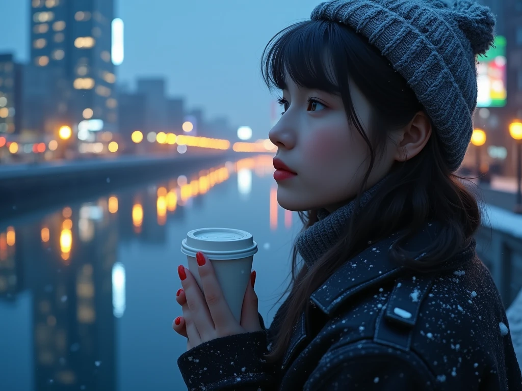 Masterpiece, (((highly detailed digital art of the background reflection of the water surface))), a woman with smooth skin and red manicured nails holding a paper cup of coffe in her right hand. She is look over the river on a large bridge, with a vast, clear river beneath her. The water reflects the city（Tokyo） lights, creating a striking reflection. The scene is set on a snowy night, focus on the river, captured from behind and over her shoulder. The model is anatomically correct, with accurate proportions and high-definition details, rendered in 8k resolution. The scene includes reflected light and a soft, ambient glow from the city lights, showcasing the beauty of the winter night.