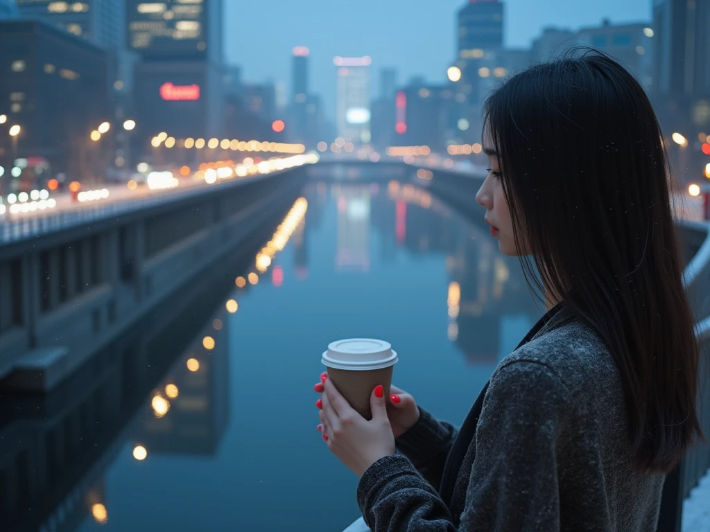 Masterpiece, (((highly detailed digital art of the background reflection of the water surface))), a woman with smooth skin and red manicured nails holding a paper cup of coffe in her right hand. She is look over the river on a large bridge, with a vast, clear river beneath her. The water reflects the city（Tokyo） lights, creating a striking reflection. The scene is set on a snowy night, focus on the river, captured from behind and over her shoulder. The model is anatomically correct, with accurate proportions and high-definition details, rendered in 8k resolution. The scene includes reflected light and a soft, ambient glow from the city lights, showcasing the beauty of the winter night.