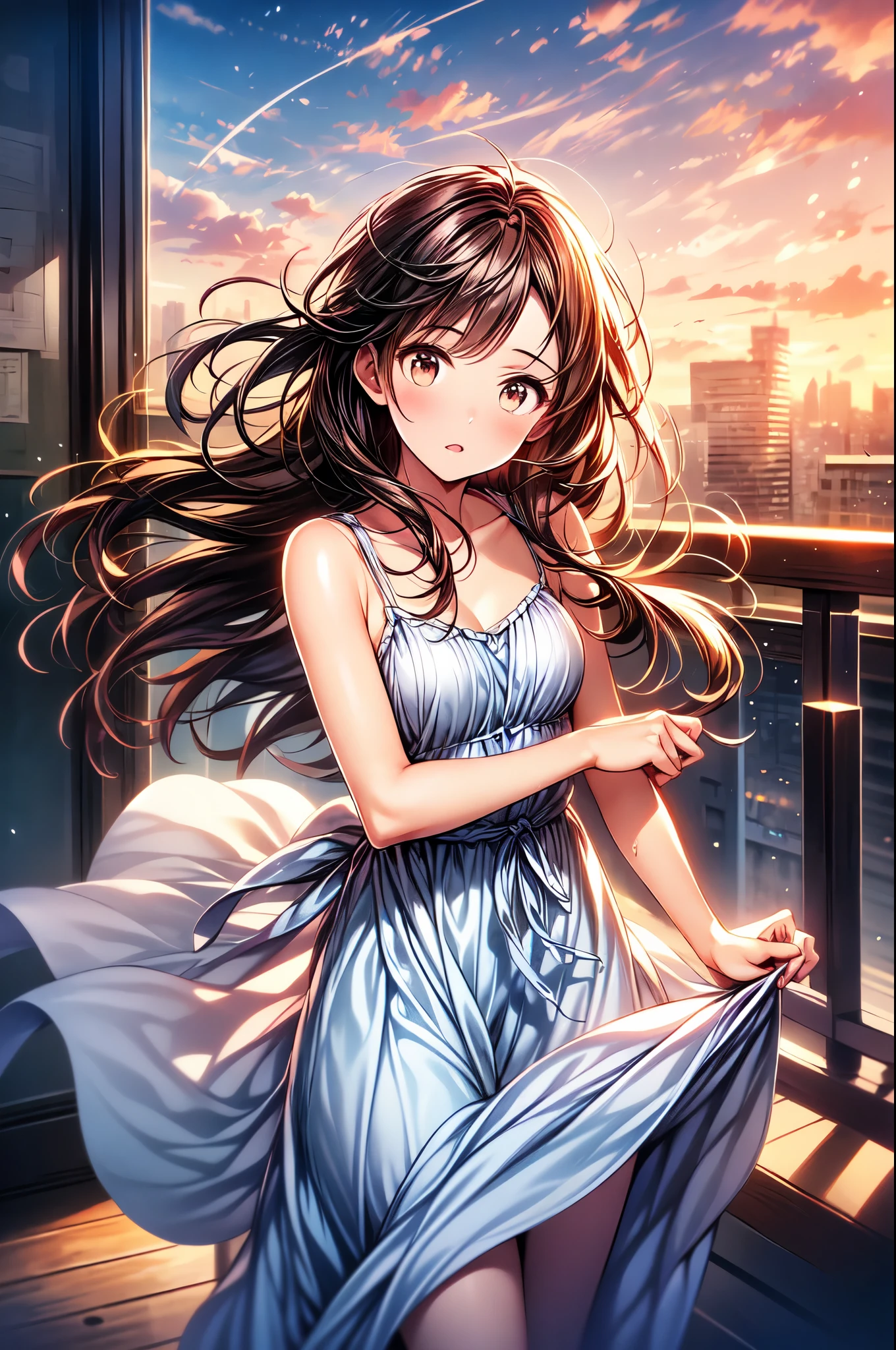 1girl, sad, head tilt, beautiful face, toned arms, hand in hair, small breasts, swept bangs, long sidelocks, brown hair, very long hair, hair blowing in wind, brown eyes, looking down, pink sundress, pink spaghetti strap sundress, dusk, on top of building, dusk, clouds, city in background, city lights, sea in distance, hair blowing in wind, sweat, ( better quality , high resolution), oil painting:1.1, ( vibrant colors, Soft lighting), (detailed eyes,  Detailed lips ).
