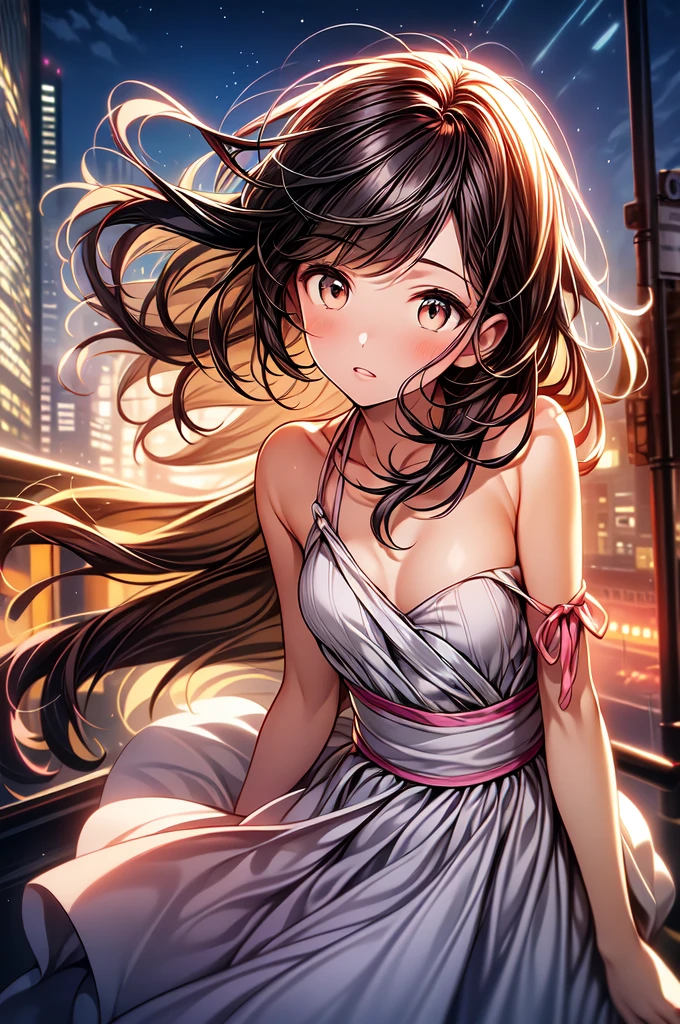 1girl, sad, head tilt, beautiful face, toned arms, hand in hair, small breasts, swept bangs, long sidelocks, brown hair, very long hair, hair blowing in wind, brown eyes, looking down, pink sundress, pink spaghetti strap sundress, dusk, on top of building, dusk, clouds, city in background, city lights, sea in distance, hair blowing in wind, sweat, ( better quality , high resolution), oil painting:1.1, ( vibrant colors, Soft lighting), (detailed eyes,  Detailed lips ).
