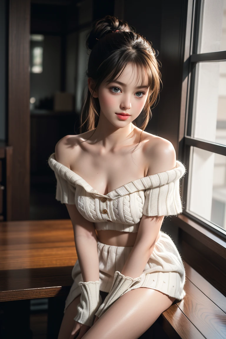 (Raw photography、top-quality)、(realisitic、Photorealsitic:1.3)、top-quality、masterpiece、extremely delicate and beautiful、A highly detailed、nffsw、A sense of unity、2k wallpaper、magnifica、Beautiful in every detail、masterpiece、浅笑、top-quality、Highly detailed ticker Unity 8K wallpapers、huge filesize、ultra-detailliert、hight resolution、ighly detailed、Female 1 Person、Slim body、D-cups、(Black Leotard Top:0.7)、(Pink skirt:1.2)、(Bun hair)、(brown haired)、Look at the front、Sharp Focus、Face Close-up、pureerosface_v1:0.8 Short Hair、