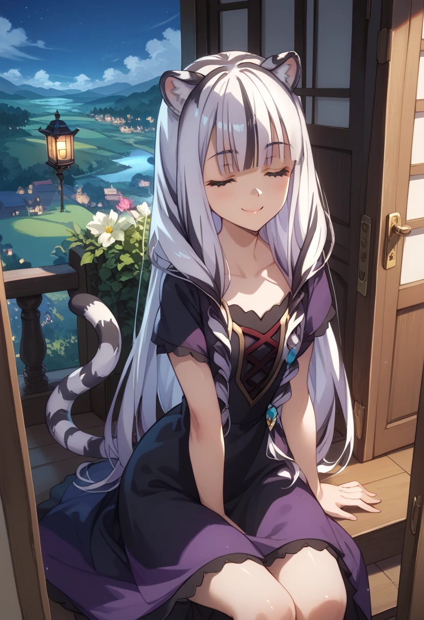 ((masterpiece)), anime style, 1girl, solo, long hair, white tiger ears, white tiger tail, closed eyes, night scenery, sitting like cat, sitting in doorway, viewer POV, cat smile, hall scenery, night lighting, purple dress, black dress, multicolored dress.