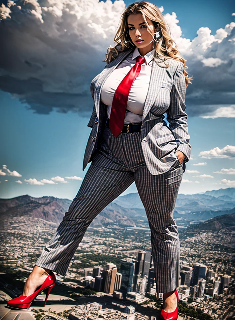 A stylish 10 mile tall giant woman in a light grey pinstripe pant suit, white shirt, and a large wide paisley necktie in a windsor knot, with a beautiful, curvaceous figure, massive breasts, and long blonde wavy hair, with a curvaceous figure and natrual breasts. wearing red rounded platform high heels with uncovered feet and standing, rampage-like pose, with a cityscape background of mega-city, partially obscured by a hazy, cloudy atmosphere. The image is a high-resolution, masterpiece-quality, cinematic, ultra-detailed, and hyper-photorealistic photograph, with perfect hands, face, and lighting. ultra-detailed, 8K, photo-realistic, hyper-realistic, masterpiece, intricate details, full body view. Looking at camera, The image is a high-resolution, masterpiece-quality, cinematic, ultra-detailed, and hyper-photorealistic photograph, with perfect hands, face, and lighting. ultra-detailed, 8K, photo-realistic, hyper-realistic, masterpiece, intricate details, full body view