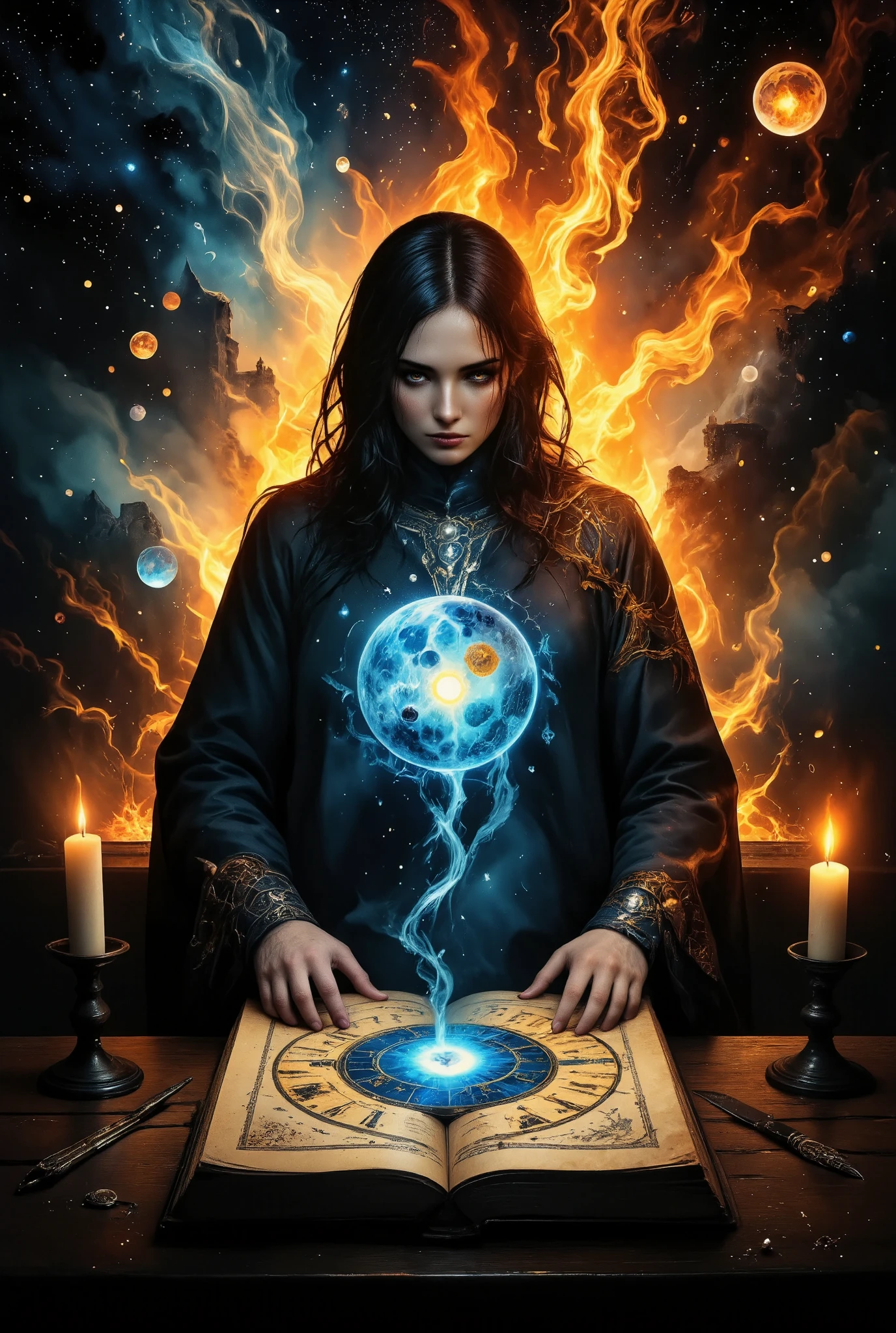 Top Quality, 16k, Incredibly Irrational, Highly Detailed, Subtle and Dynamic, , Candle, Astrology Book,, Star Chart, (Many big Magical Bubbles floating in the air:1.4), , Horoscope , mage,