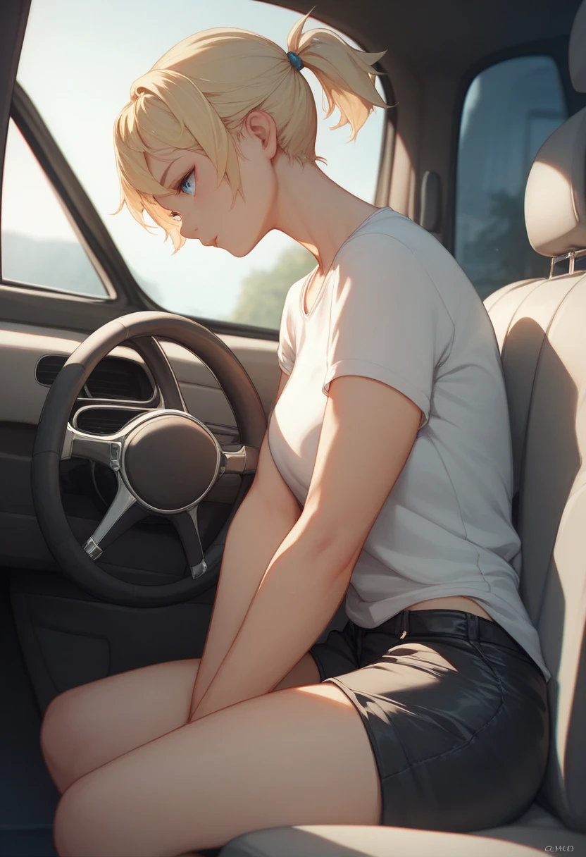 1girl, light blonde hair, one big ponytail, side fluffy hair, blue eyes, choker, makeup, black eyeliner, black eyeshadow, skinny body, black eyelashes, naked,  half closed eyes open mouth, drooling, 1boy, face sitting, cunnilingus, inside the car, desert