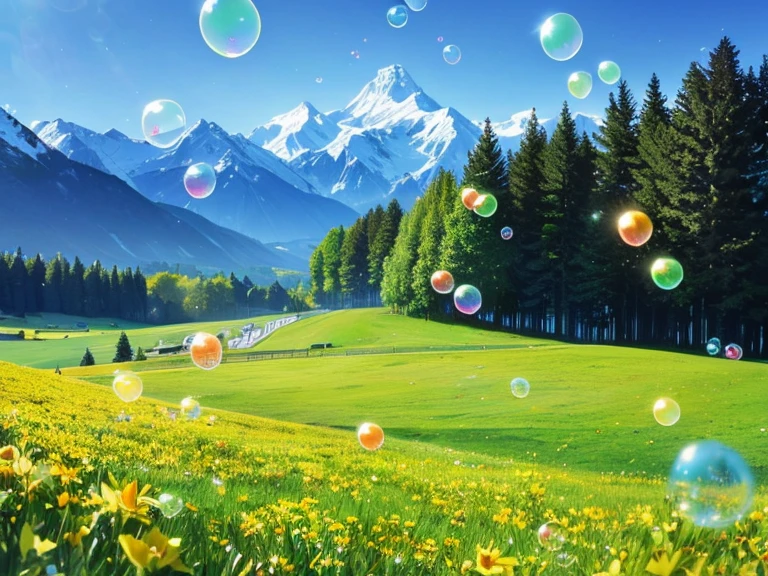 s are blowing soap bubbles　Peaceful　grassland　The Alps