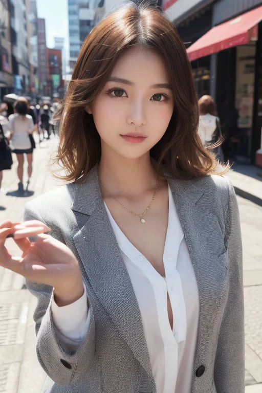 (8K, top-quality, ​masterpiece:1,2), (realisitic, Photorealsitic:1,37), top-quality, ​masterpiece, Beautuful Women, V-neck white shirt, Tight open grey jacket, Beautiful and toned body, cleavage of the breast, Floral miniskirt, walking through a suburb, Little drizzly night background, French-style downtown, atmosphere of night, slightly wet asphalt, Seductive smile with dimples、