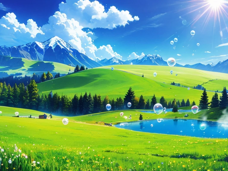 s are blowing soap bubbles　Peaceful　grassland　The Alps